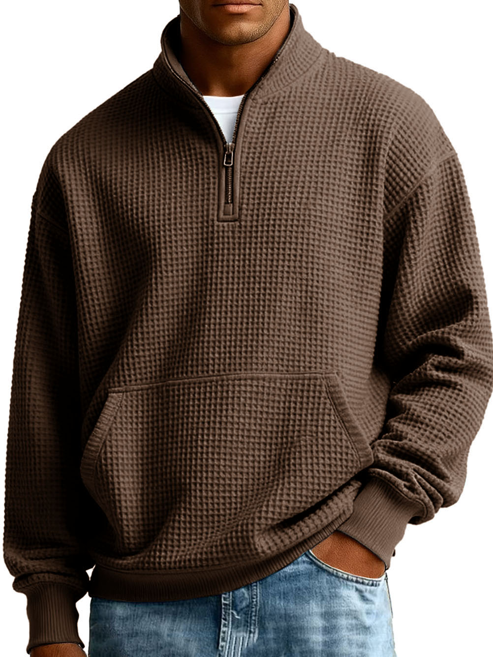 Men's Fashionable Casual Waffle Fabric Stand-up Collar Half-zip Long-sleeved Sweatshirt