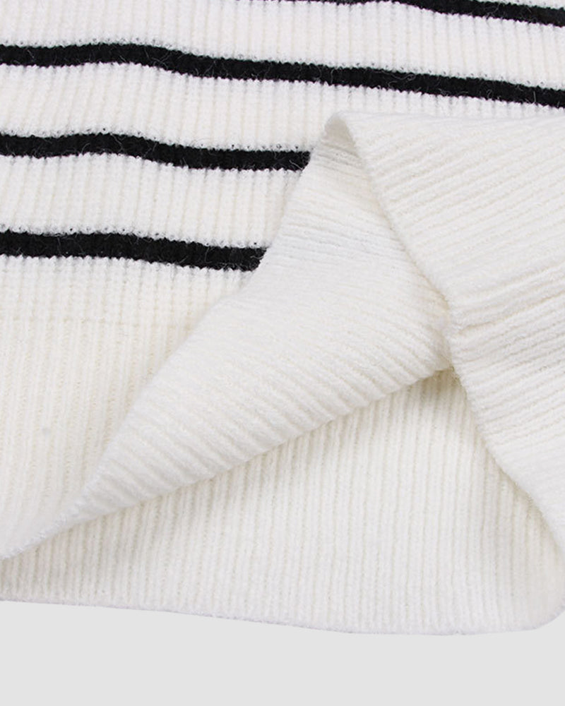Striped Pattern Quarter Zipper Drop Shoulder Sweater Pullover
