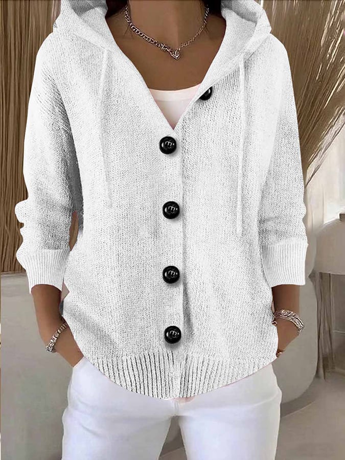 Women's Casual Hooded Long Sleeve Button Cardigan Sweater