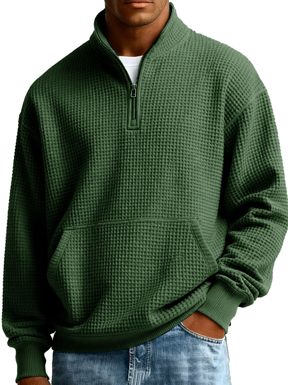 Men's Fashionable Casual Waffle Fabric Stand-up Collar Half-zip Long-sleeved Sweatshirt