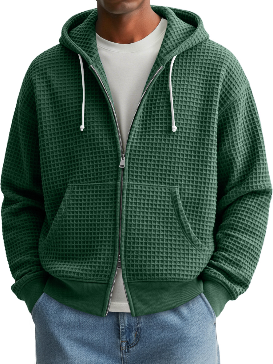 Men's Fashion Waffle Texture Casual Loose Hooded Zipper Jacket