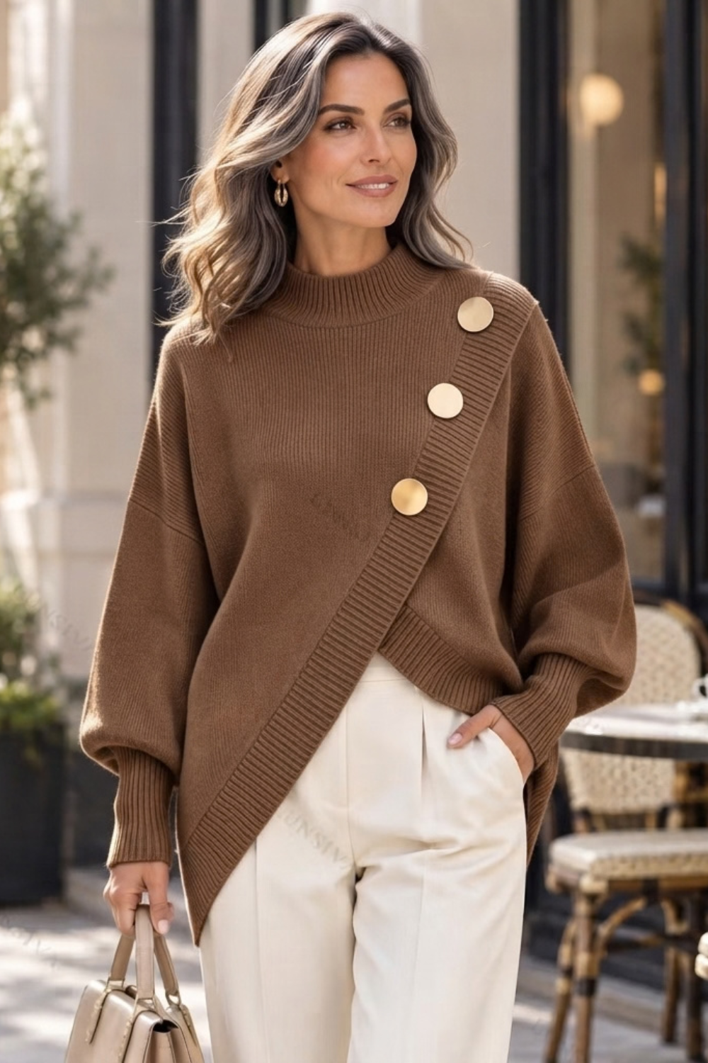 Asymmetric Button Turtleneck Sweater