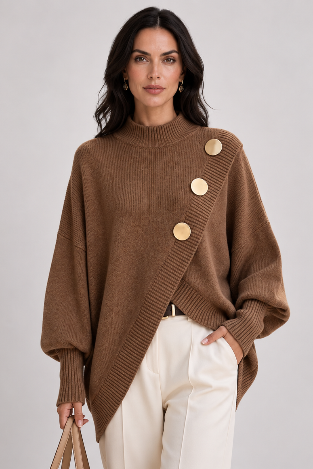 Asymmetric Button Turtleneck Sweater