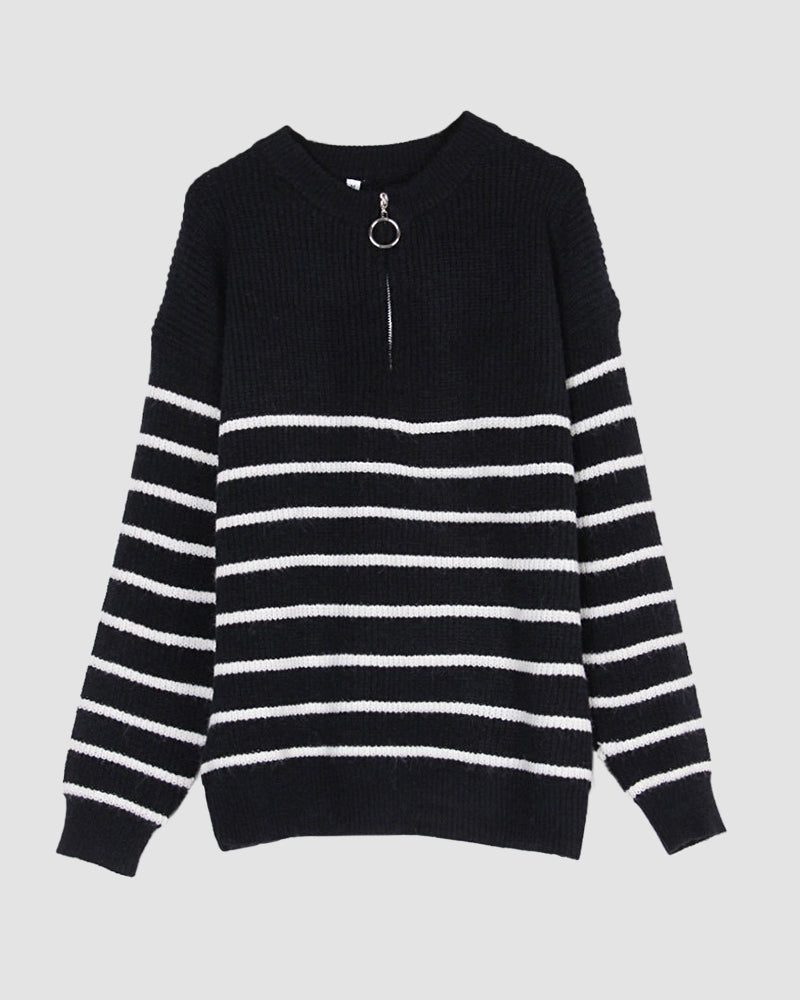 Striped Pattern Quarter Zipper Drop Shoulder Sweater Pullover