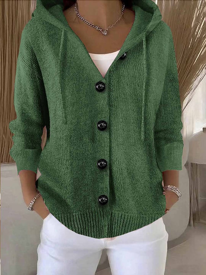 Women's Casual Hooded Long Sleeve Button Cardigan Sweater