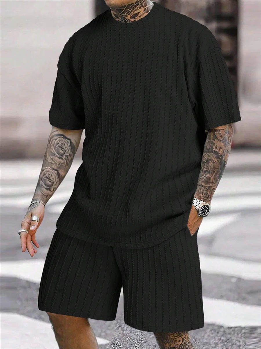 Men's 2 Piece Suits Fashion Solid Stripe Short-sleeve T-shirts Shorts