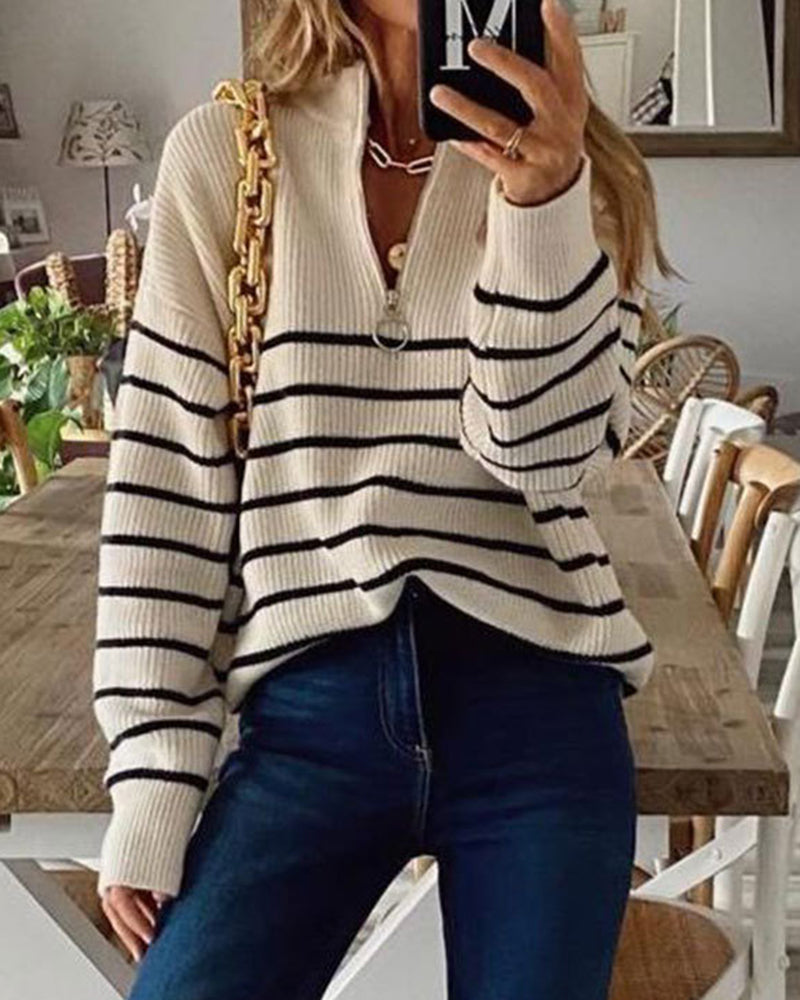 Striped Pattern Quarter Zipper Drop Shoulder Sweater Pullover