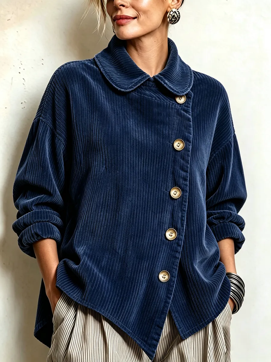 Cozy Peter Pan Collar Corduroy Asymmetric Button-down Top