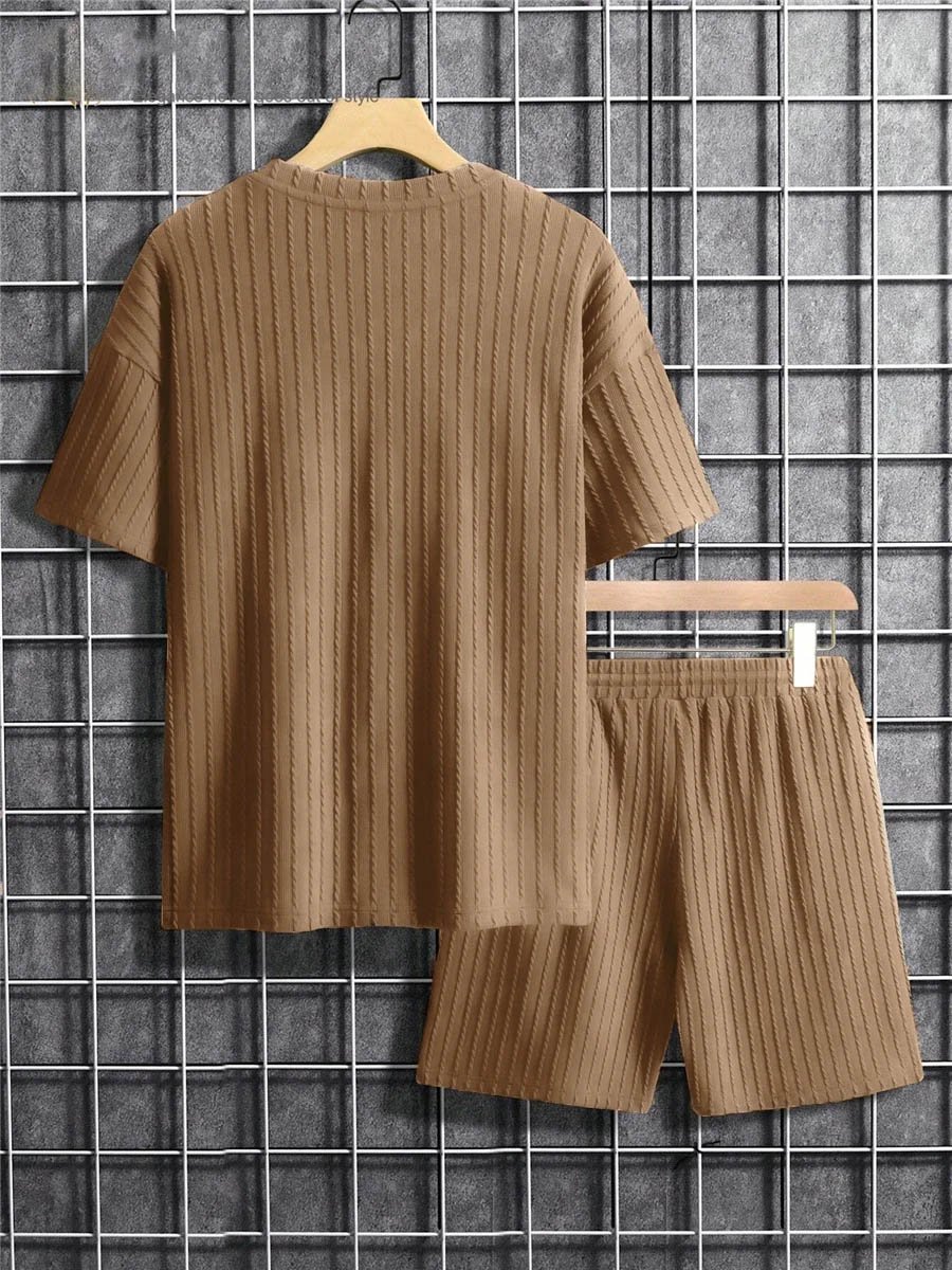 Men's 2 Piece Suits Fashion Solid Stripe Short-sleeve T-shirts Shorts