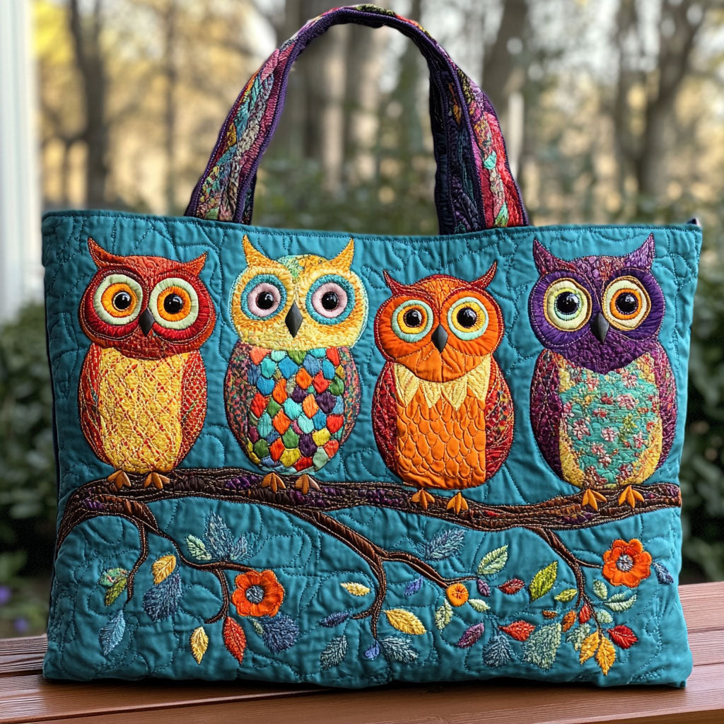 Colorful Owl Trio Quilted Tote Bag