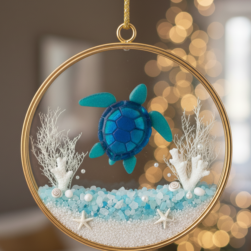 🐢🌊 Sea Glass Turtle Ornament – Handmade Coastal Christmas Decoration