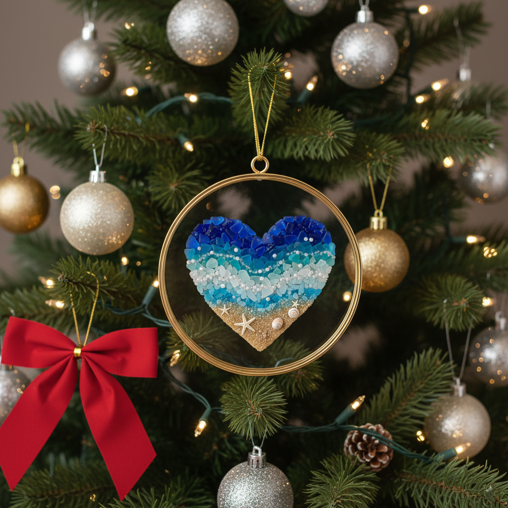 💙🌊 Sea Glass Heart Ornament – Handmade Coastal Christmas Decoration