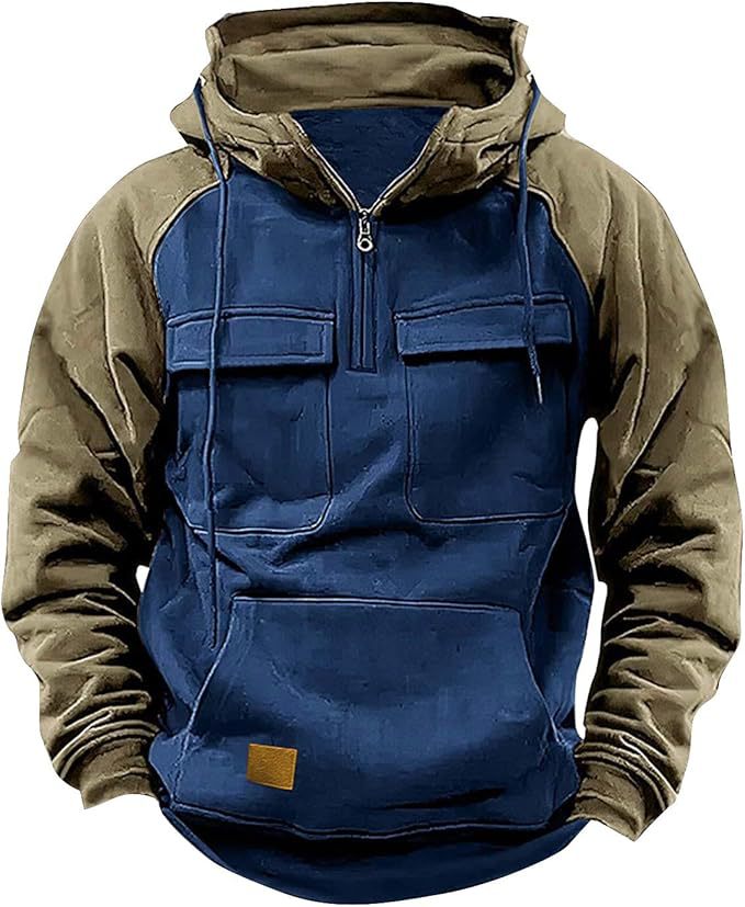 Men's Loose 1/4 Zipper Multi-Pocket Colorblock Pullover Hooded Sweatshirt