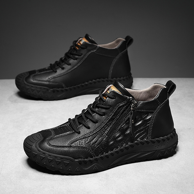 Men's Outdoor Leather Shoes with Zipper – Waterproof, Arch Support & Wide Toe Comfort