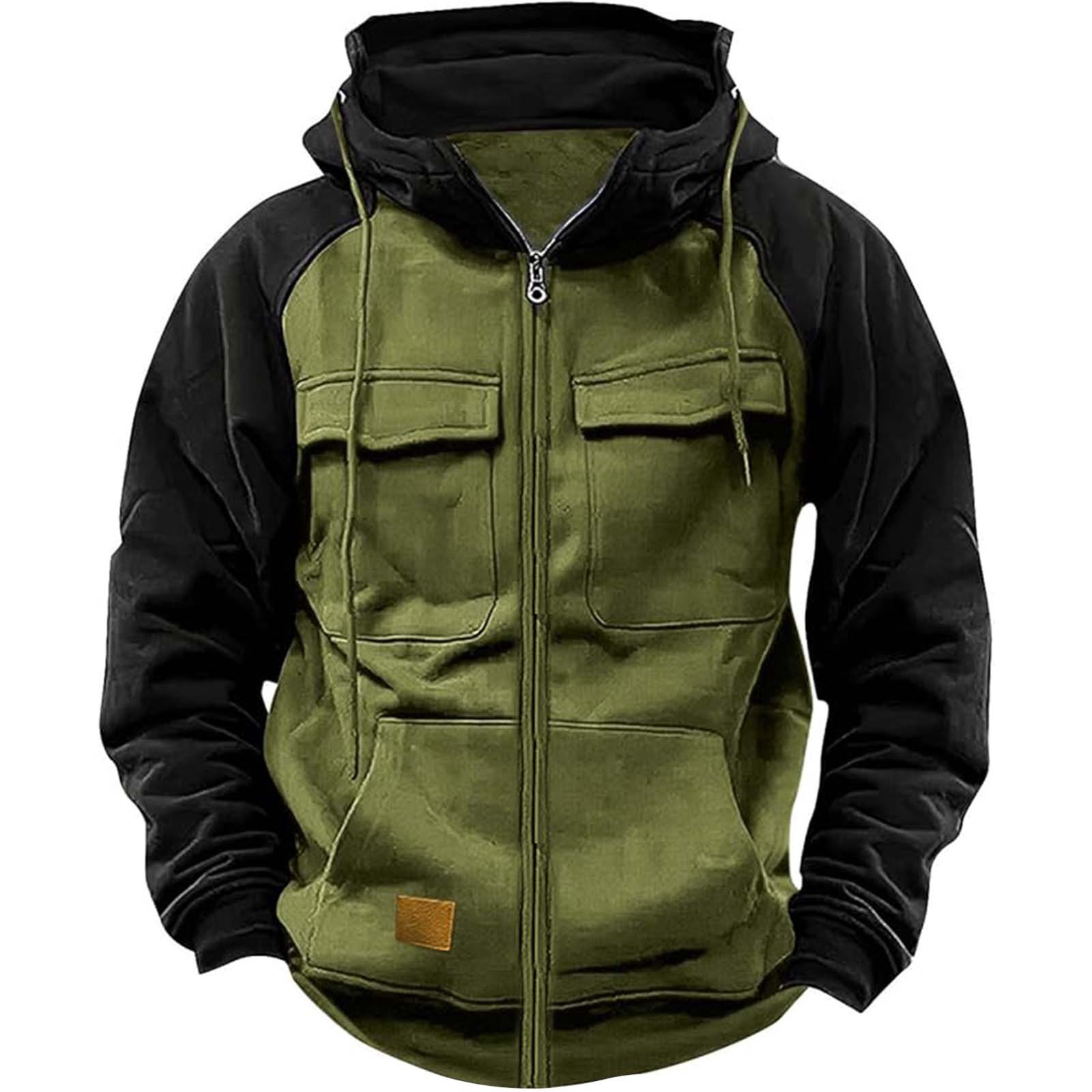 Men's Loose Fit Zippered Multi-Pocket Colorblock Hooded Jacket