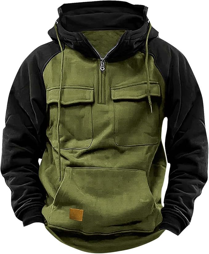 Men's Loose 1/4 Zipper Multi-Pocket Colorblock Pullover Hooded Sweatshirt