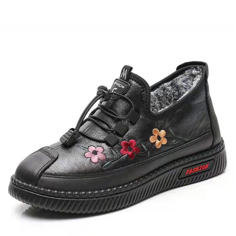 Leather Fur Moccasins Women Loafers for Elderly Females Soft Warm