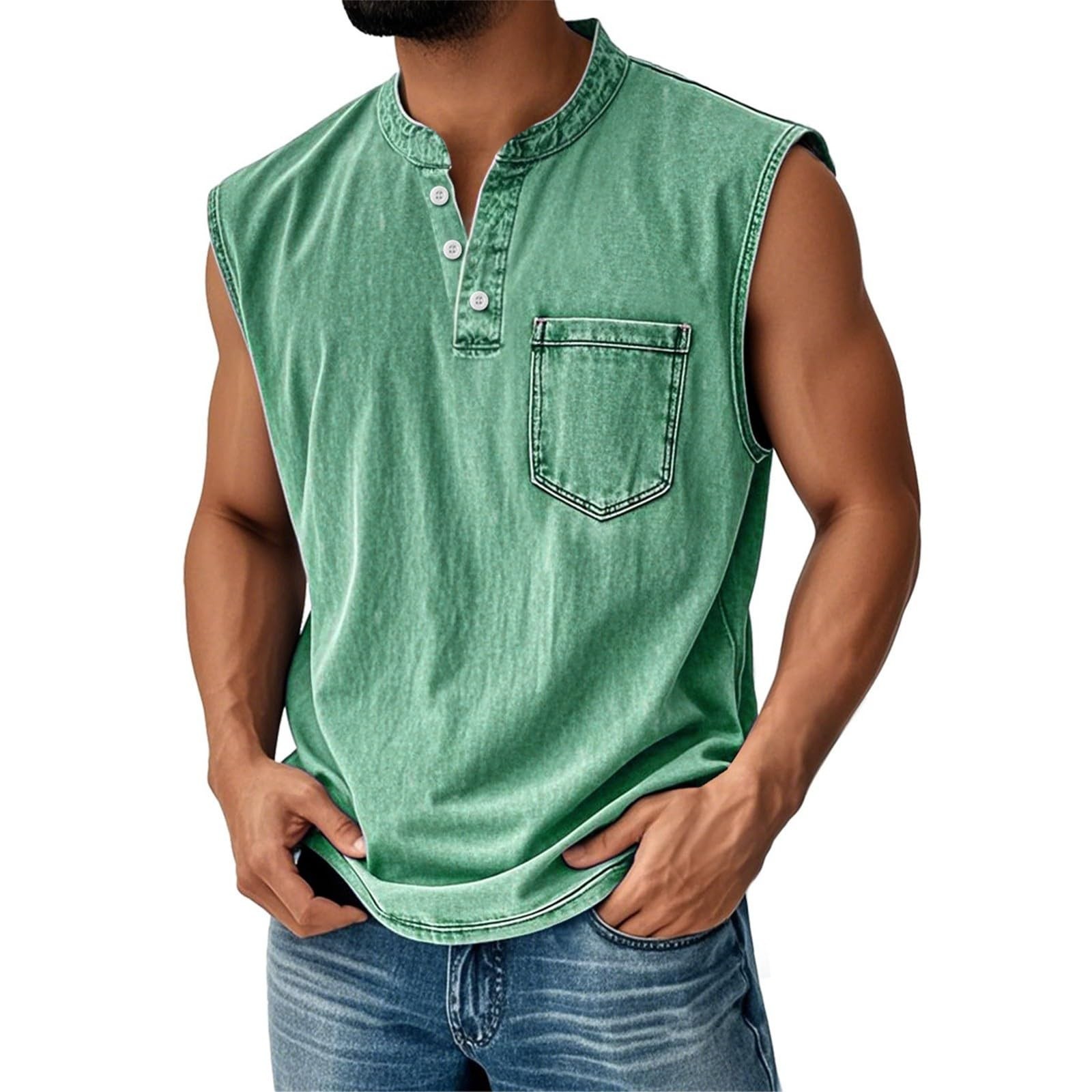 Men's Retro Everyday Colorblock Stand Collar Pocket Casual Sleeveless Henley Shirt