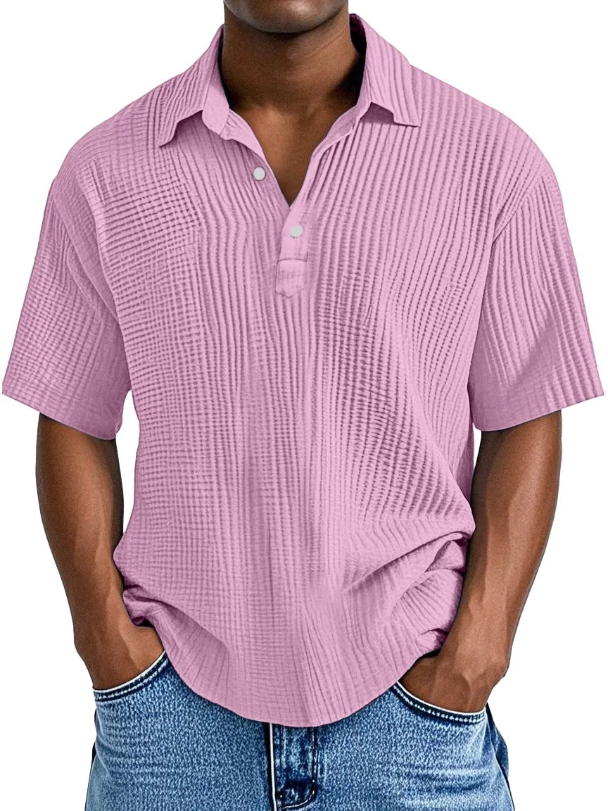 Men's Daily Pleated Texture Lapel Button Casual Short Sleeve POLO Shirt