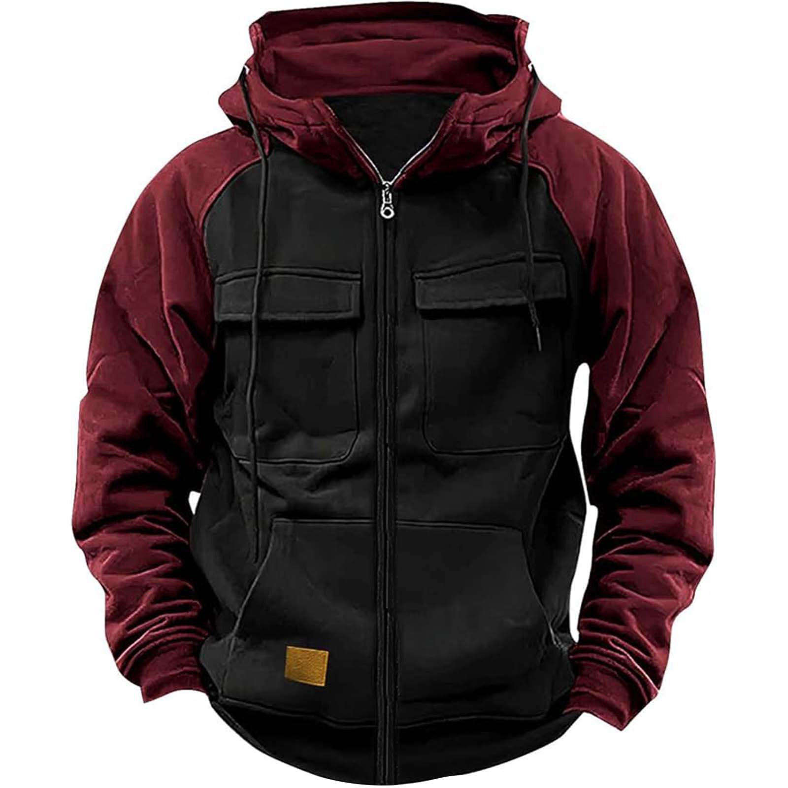Men's Loose Fit Zippered Multi-Pocket Colorblock Hooded Jacket