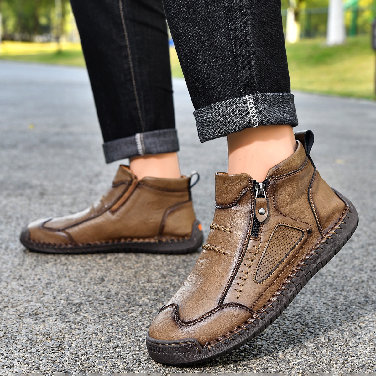 ⏰New Arrival Sale 70% OFF – Men's Handmade Leather Zipper Driving Ankle Boots | Wide Toe, Arch Support, Waterproof, Pressure Relief, Non-Slip Comfort for Everyday & Travel