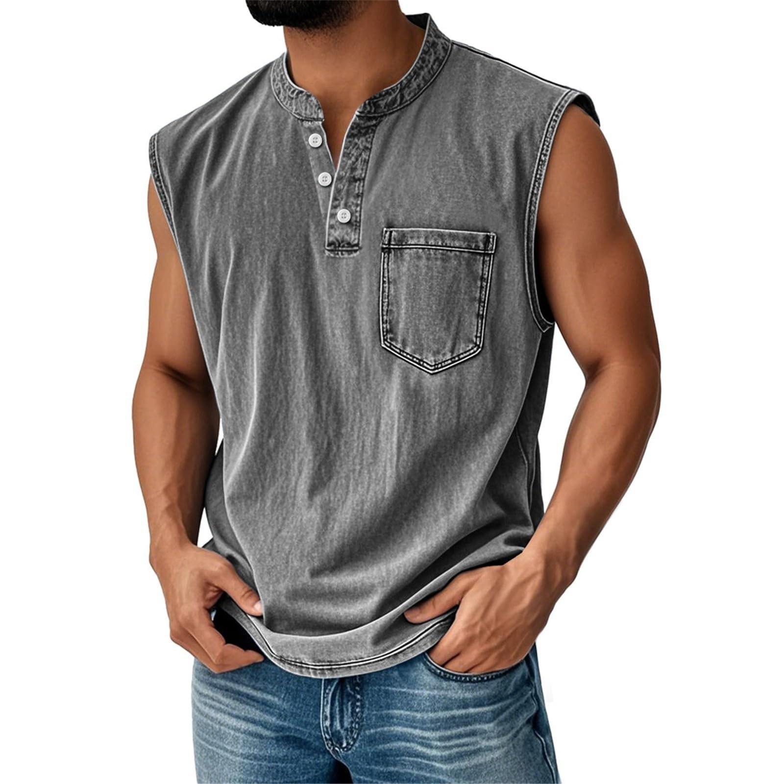 Men's Retro Everyday Colorblock Stand Collar Pocket Casual Sleeveless Henley Shirt