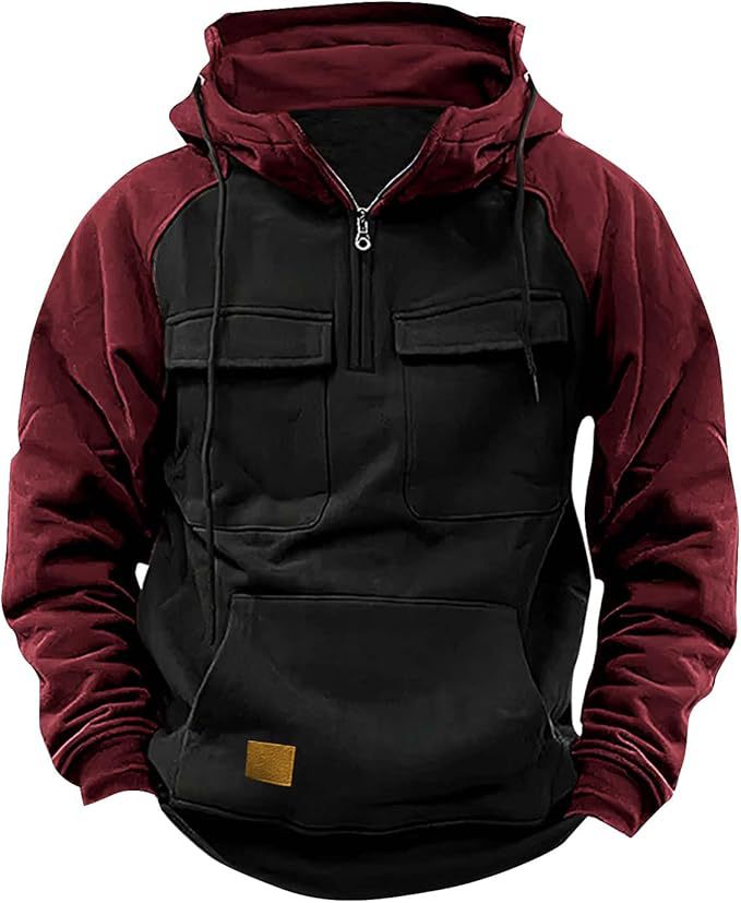 Men's Loose 1/4 Zipper Multi-Pocket Colorblock Pullover Hooded Sweatshirt