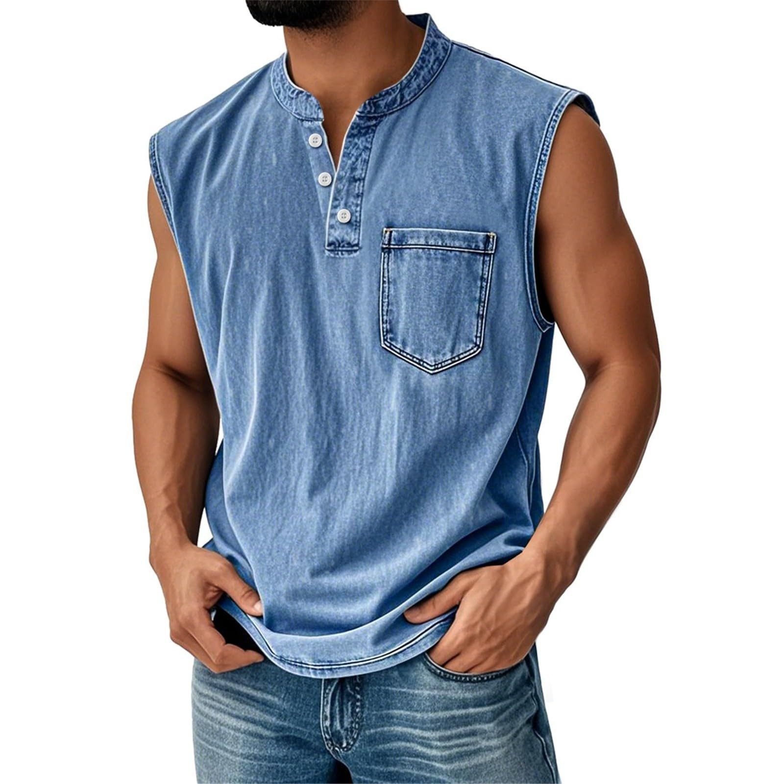 Men's Retro Everyday Colorblock Stand Collar Pocket Casual Sleeveless Henley Shirt
