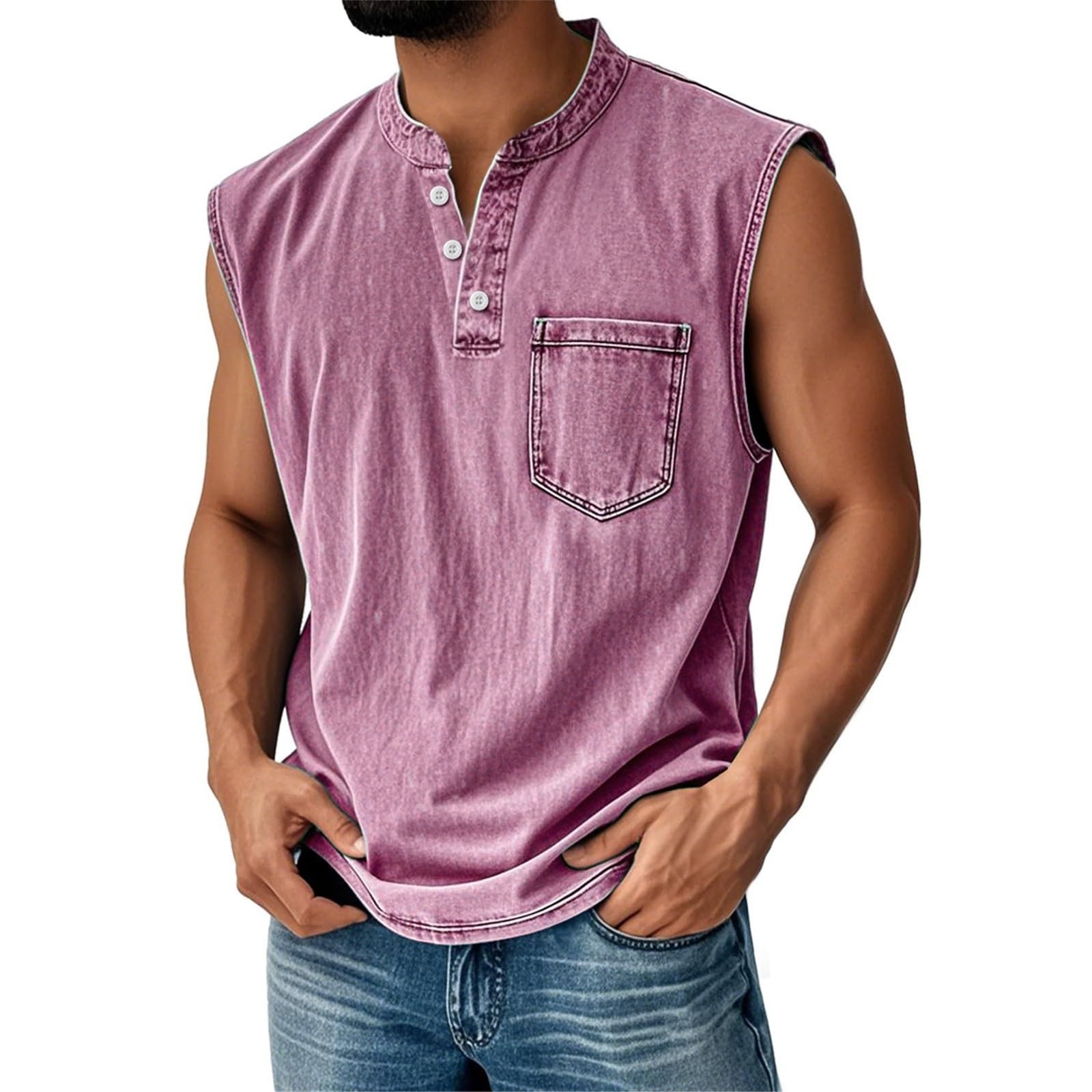 Men's Retro Everyday Colorblock Stand Collar Pocket Casual Sleeveless Henley Shirt