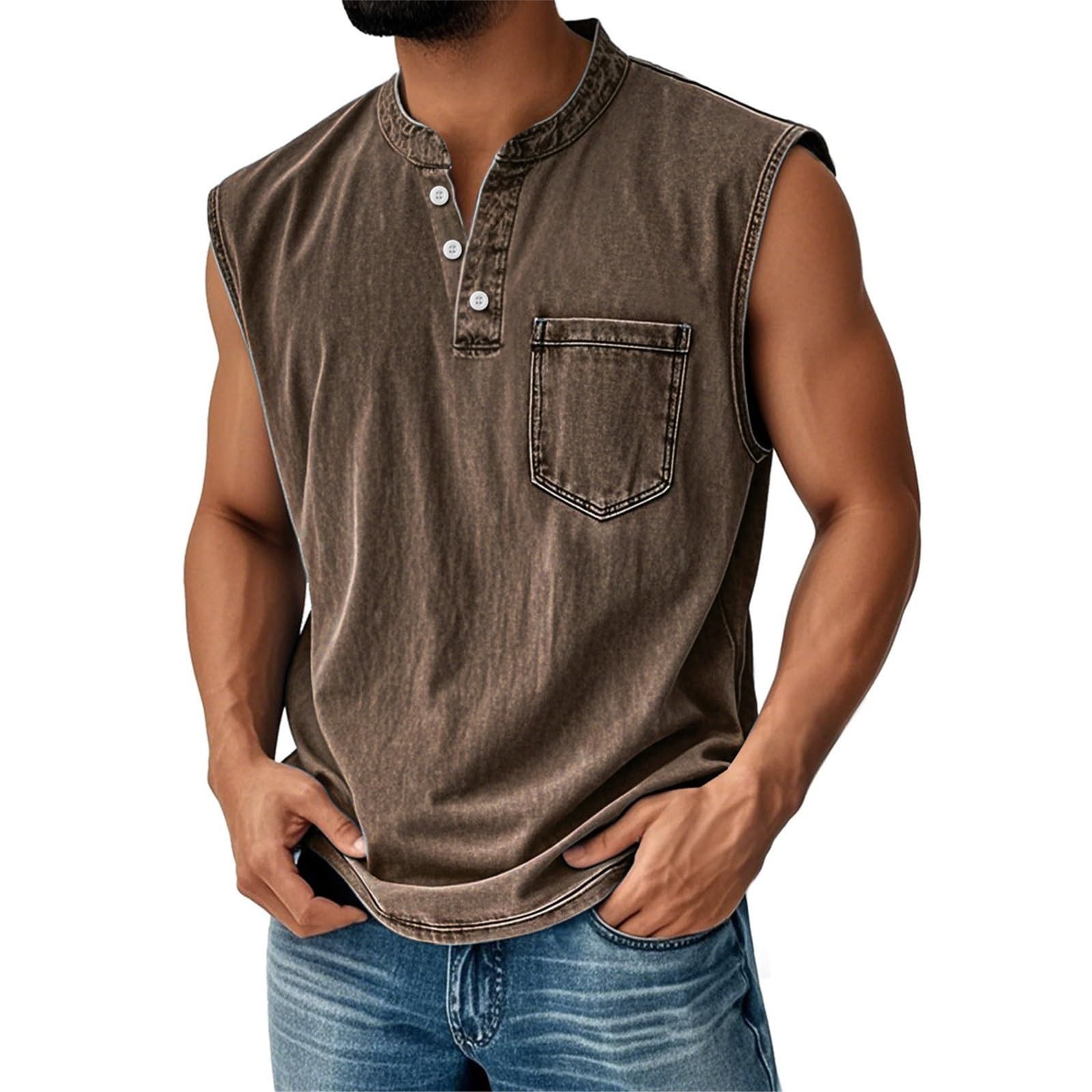 Men's Retro Everyday Colorblock Stand Collar Pocket Casual Sleeveless Henley Shirt