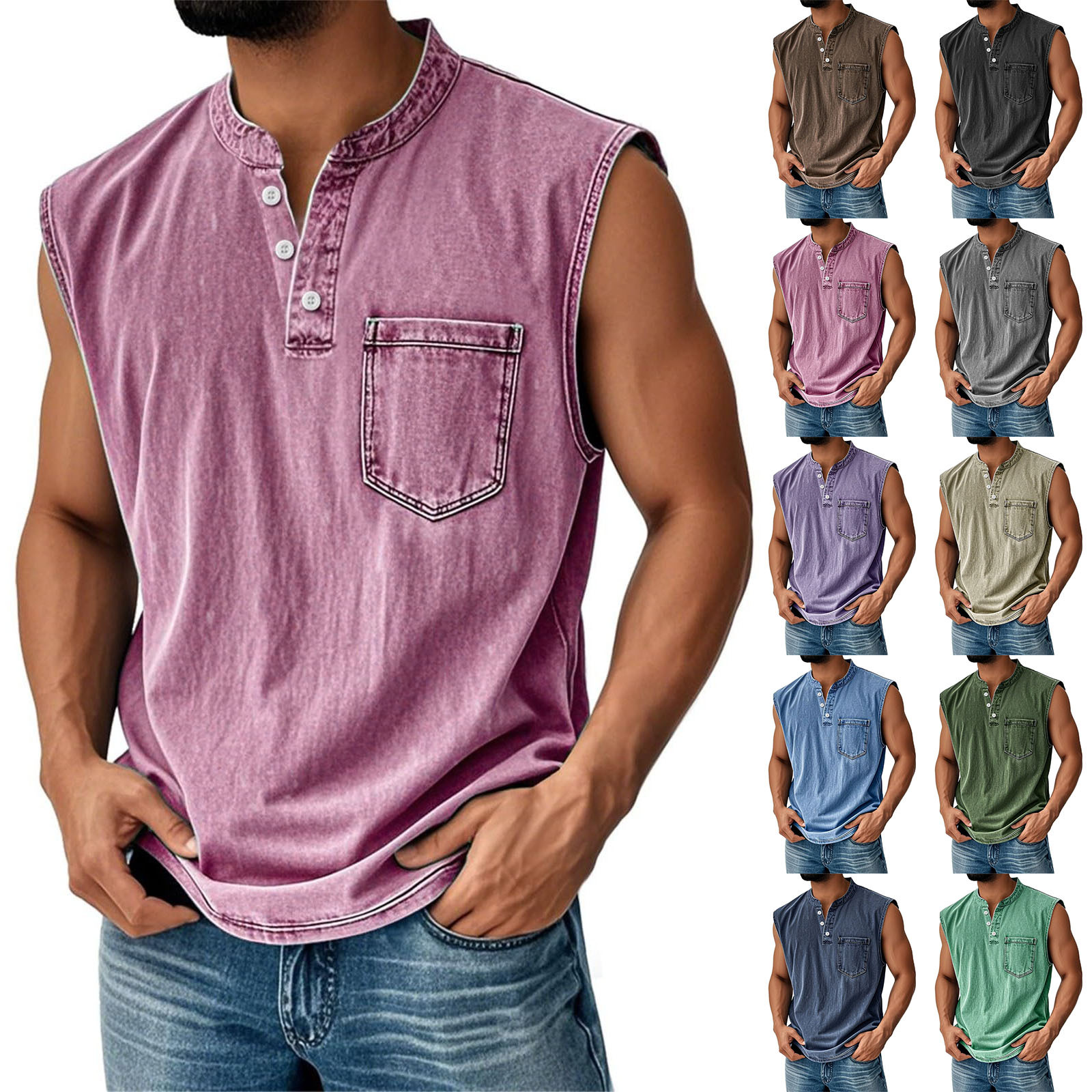 Men's Retro Everyday Colorblock Stand Collar Pocket Casual Sleeveless Henley Shirt
