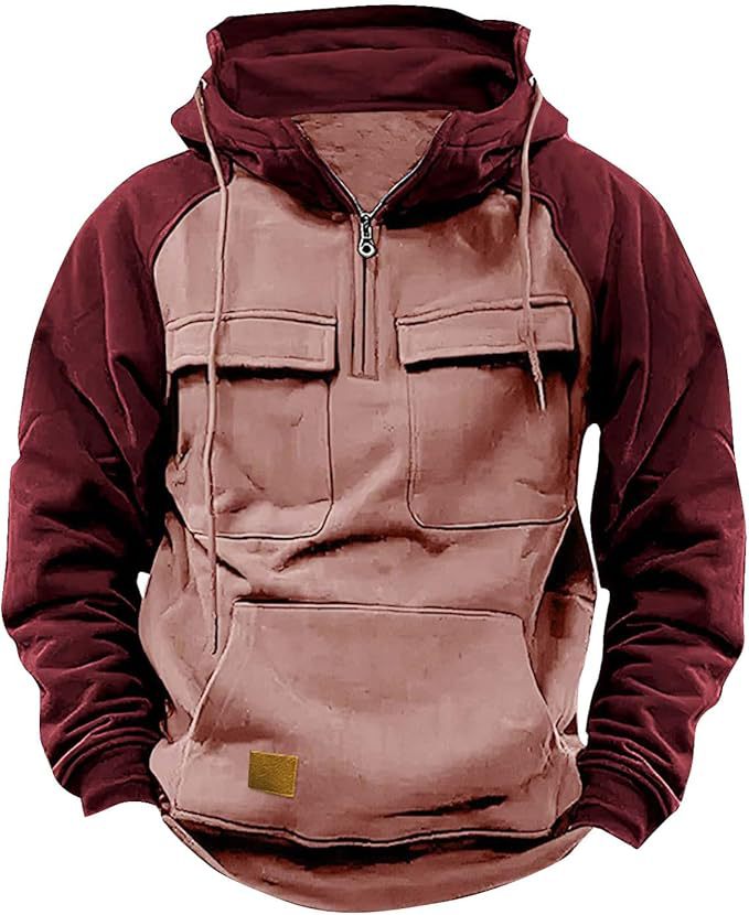 Men's Loose 1/4 Zipper Multi-Pocket Colorblock Pullover Hooded Sweatshirt