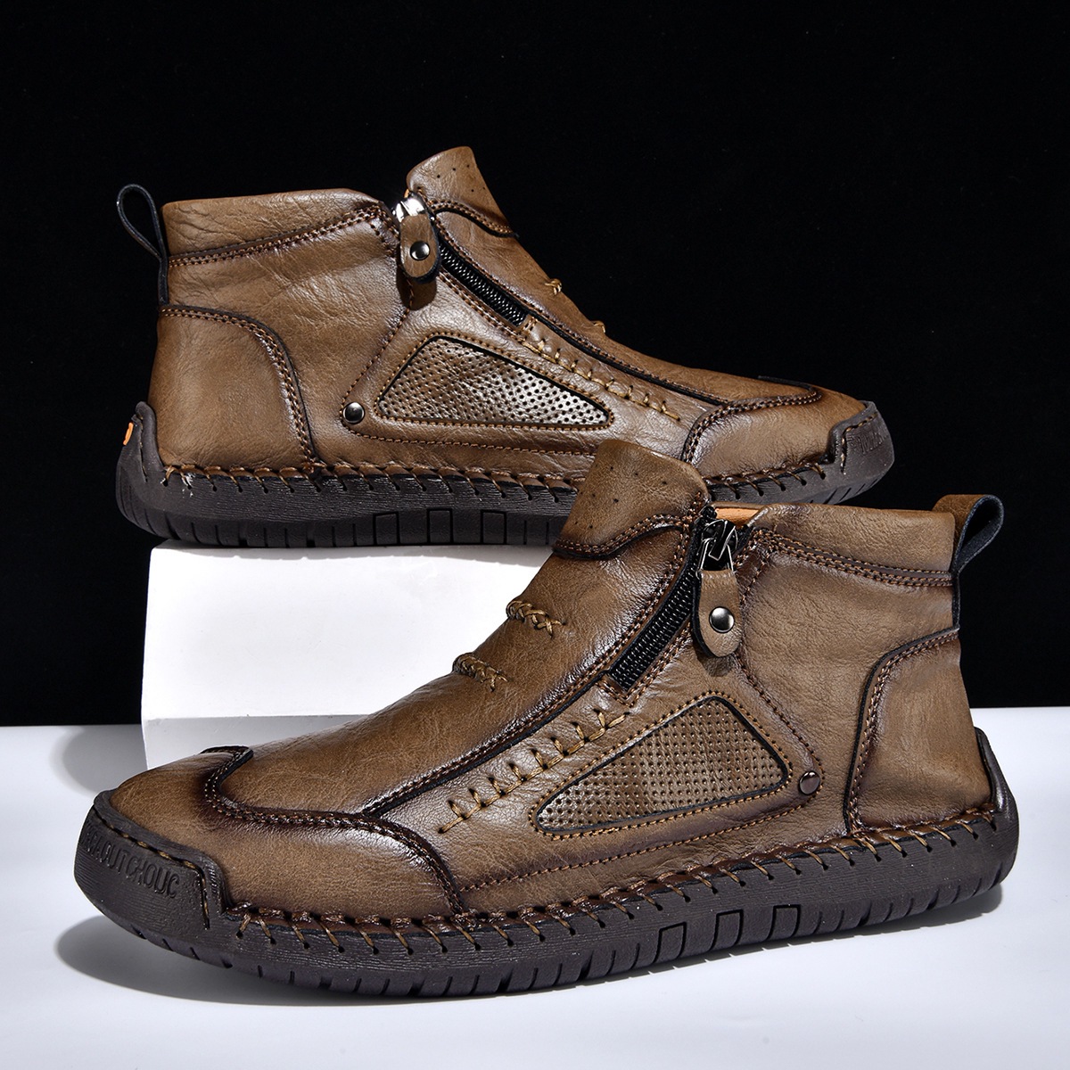 ⏰New Arrival Sale 70% OFF – Men's Handmade Leather Zipper Driving Ankle Boots | Wide Toe, Arch Support, Waterproof, Pressure Relief, Non-Slip Comfort for Everyday & Travel