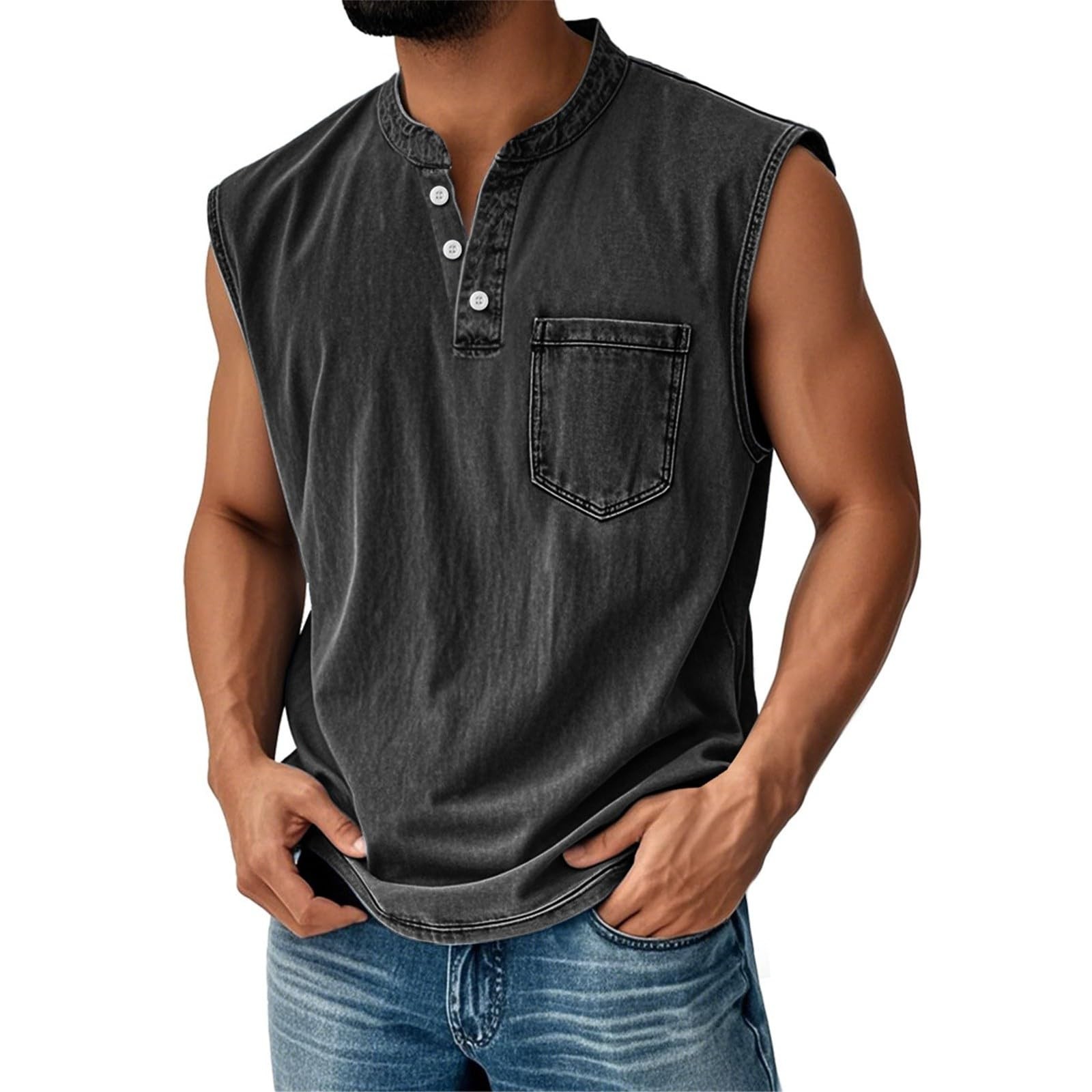 Men's Retro Everyday Colorblock Stand Collar Pocket Casual Sleeveless Henley Shirt
