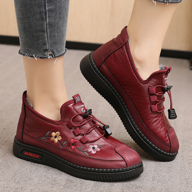 Leather Fur Moccasins Women Loafers for Elderly Females Soft Warm