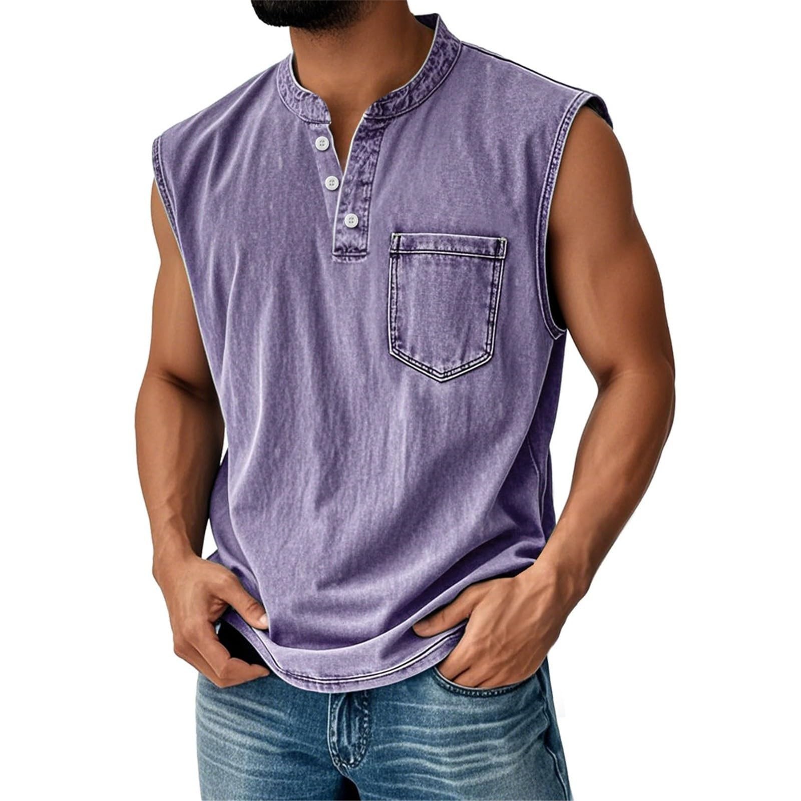 Men's Retro Everyday Colorblock Stand Collar Pocket Casual Sleeveless Henley Shirt