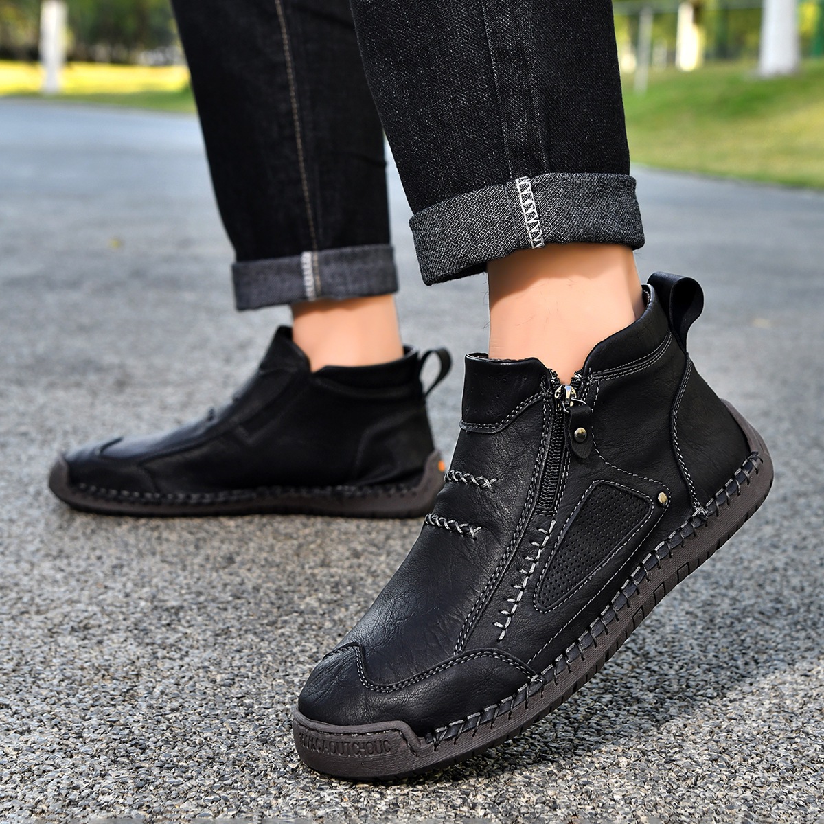 ⏰New Arrival Sale 70% OFF – Men's Handmade Leather Zipper Driving Ankle Boots | Wide Toe, Arch Support, Waterproof, Pressure Relief, Non-Slip Comfort for Everyday & Travel