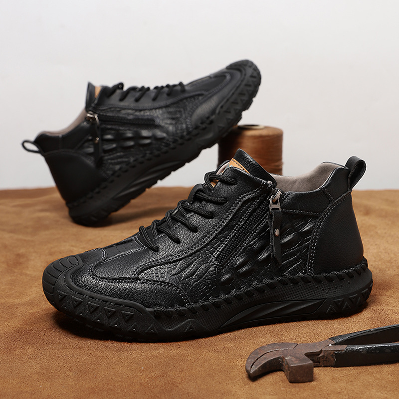 Men's Outdoor Leather Shoes with Zipper – Waterproof, Arch Support & Wide Toe Comfort