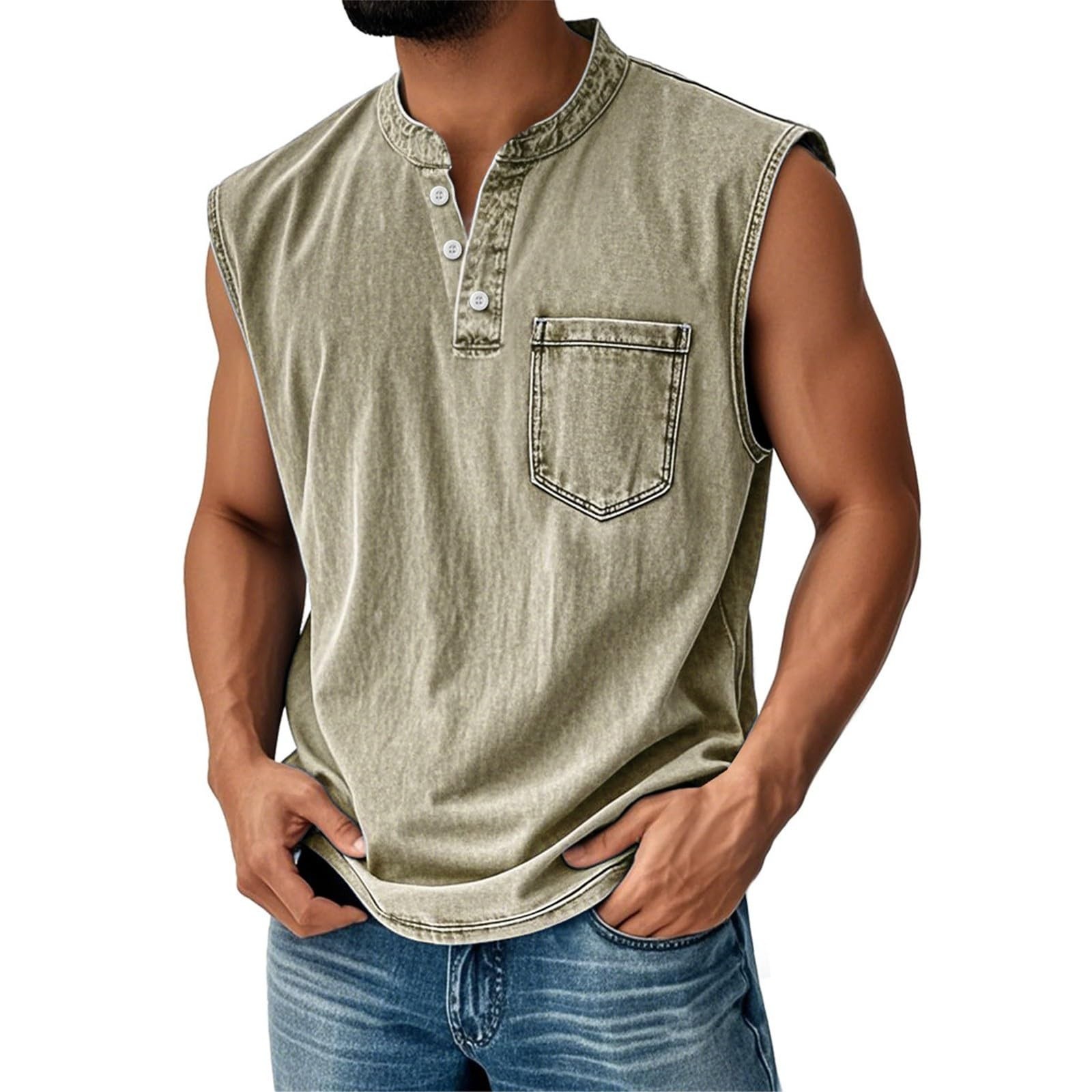 Men's Retro Everyday Colorblock Stand Collar Pocket Casual Sleeveless Henley Shirt