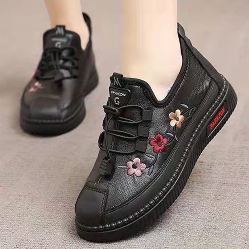 Leather Fur Moccasins Women Loafers for Elderly Females Soft Warm