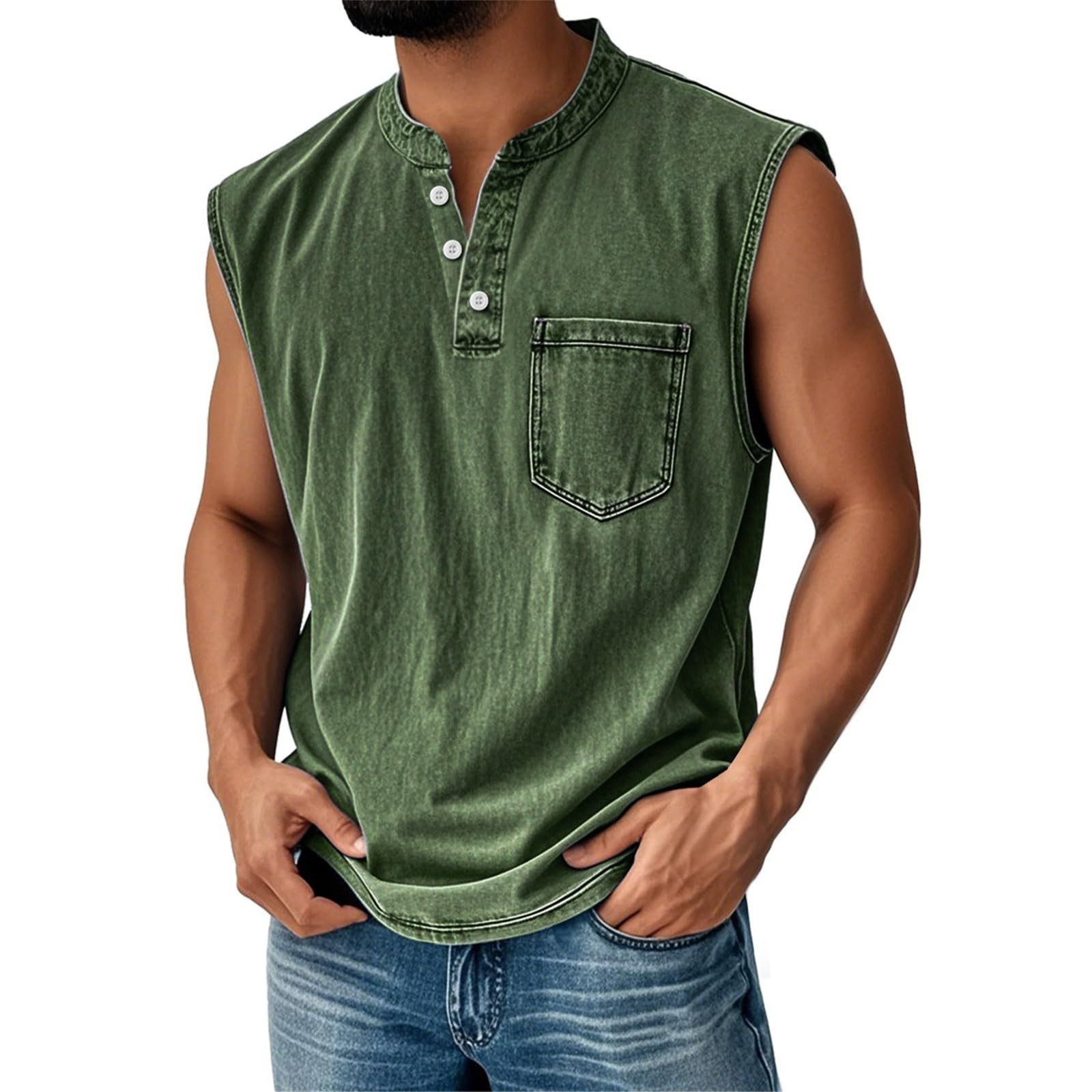 Men's Retro Everyday Colorblock Stand Collar Pocket Casual Sleeveless Henley Shirt