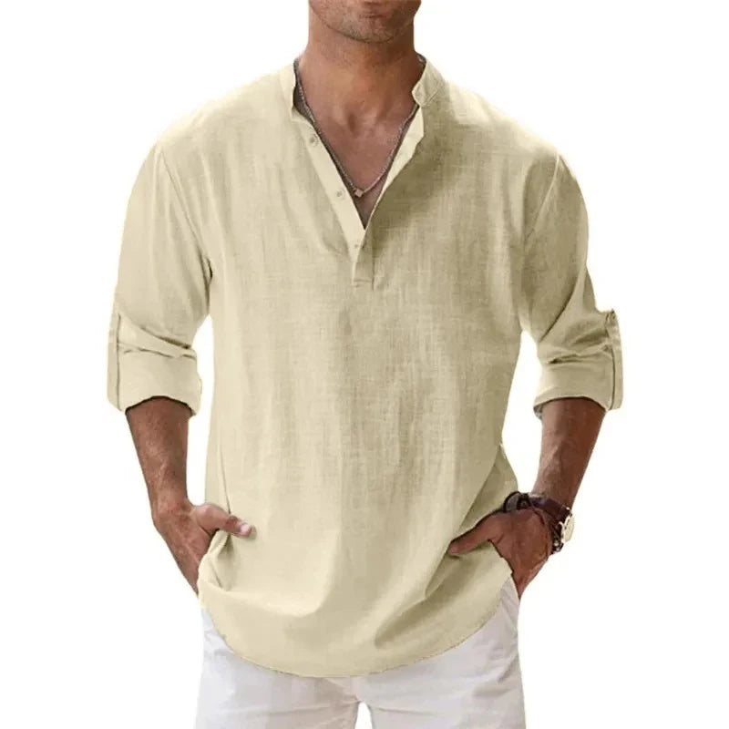 Lightweight Long Sleeve Henley Shirts for Men - Breathable Beach Streetwear Cotton Linen