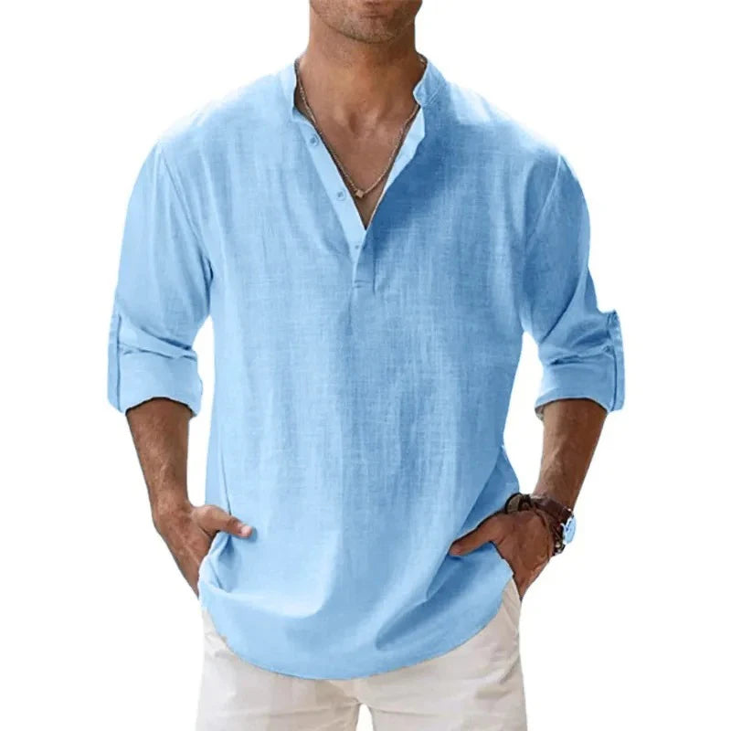 Lightweight Long Sleeve Henley Shirts for Men - Breathable Beach Streetwear Cotton Linen