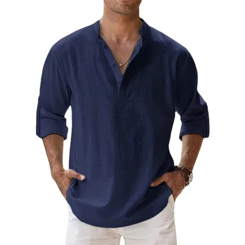 Lightweight Long Sleeve Henley Shirts for Men - Breathable Beach Streetwear Cotton Linen