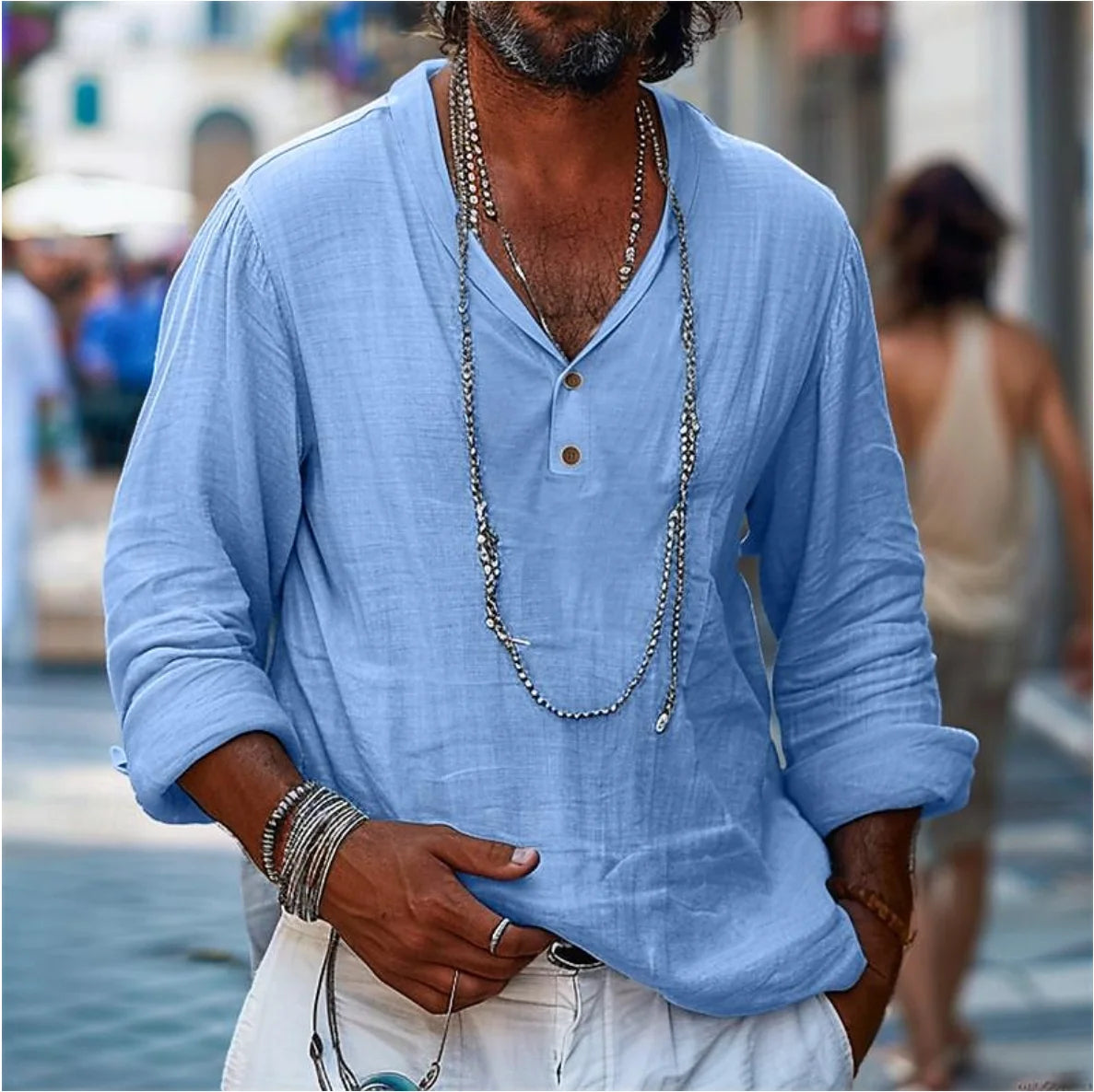 Cotton Linen Button-Up Summer Beach Shirt - Long Sleeve Casual Lapel Top for Spring & Summer