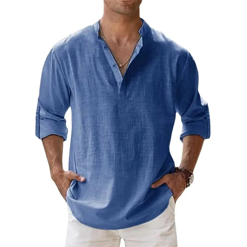 Lightweight Long Sleeve Henley Shirts for Men - Breathable Beach Streetwear Cotton Linen