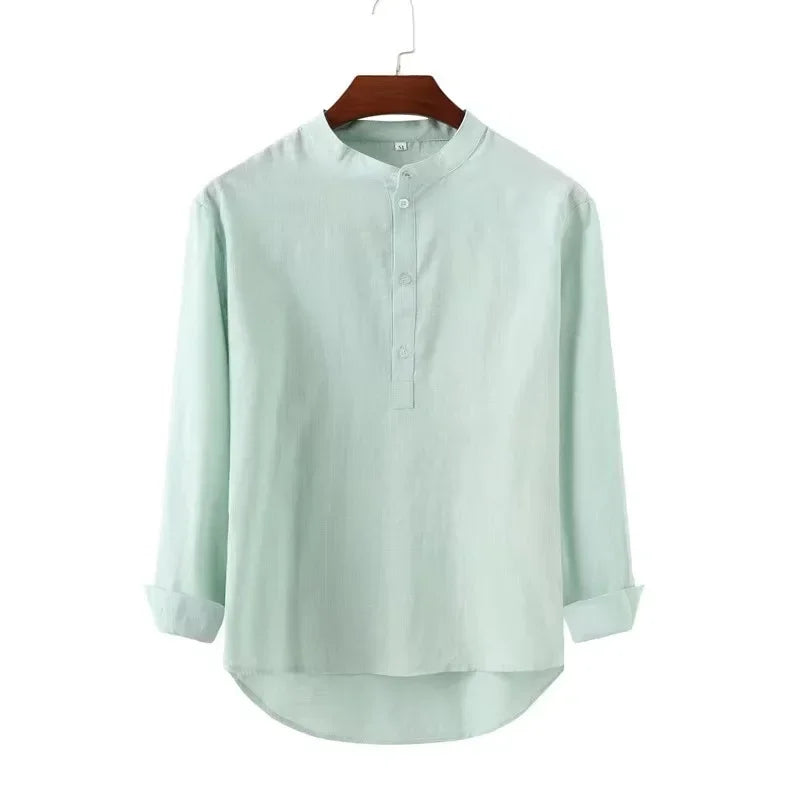 Casual Cotton Linen Shirt - Loose Tops, Long Sleeve, Henry Collar, Solid Blouse