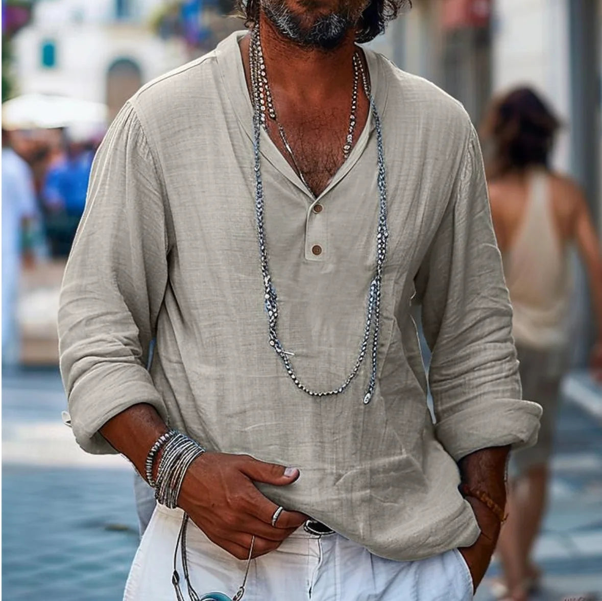 Cotton Linen Button-Up Summer Beach Shirt - Long Sleeve Casual Lapel Top for Spring & Summer