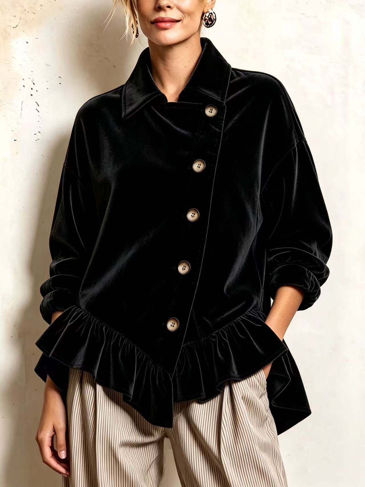 Chic Cozy Asymmetrical Ruffled Hemvelvet Top