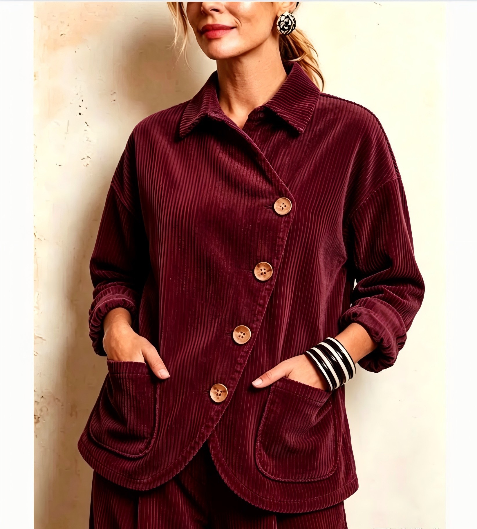 Collared Diagonal Button Corduroy Jacket